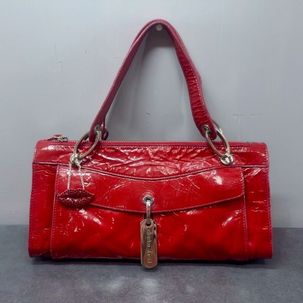 Charles David East West Shoulder Bag Lipstick Red Crinkle Patent Y2K